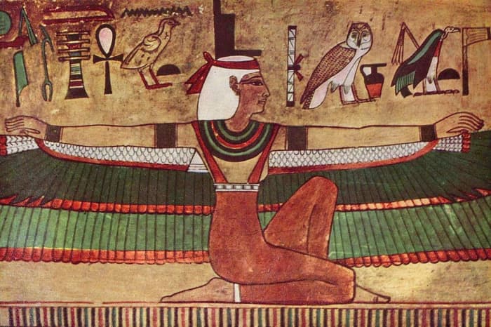 Isis (Egyptian goddess of motherhood, magic, and fertility), depicted with outstretched wings. Wall painting in the tomb of Seti.