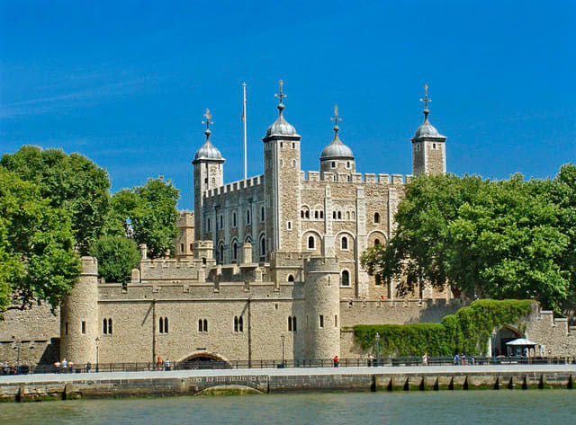 The Tower of London—Traitors' Gate in the foreground and the White Tower behind.