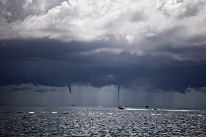Waterspout is a term used to describe a tornado that forms over a body of water or forms over land before moving over a body of water.