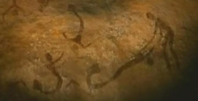 One of many paintings found in the caves of Karao, South Africa, this depiction shows what appear to be mer-people interacting with humans.