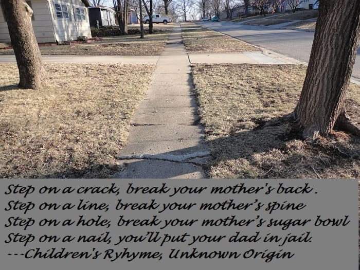 The origin of step on a crack, break your mother's back may simply just be words that rhyme.