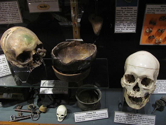Collection of human skulls used for mediumship & magical other rituals, Boscastle Museum of Witchcraft, Cornwall