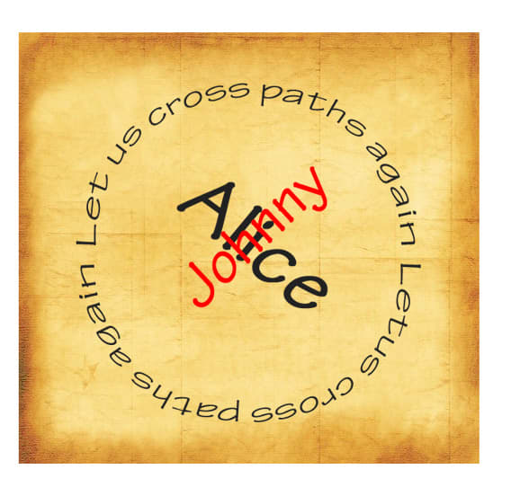 This is a creative petition influenced by conjure magic, in which the names of the two people the spell caster desires to cross paths are actually crossed, and the request is written in a circle around them.