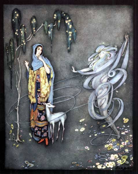 Reminiscent of a women with her familiar interacting with a fairy. Illustration by Jennie Harbour.