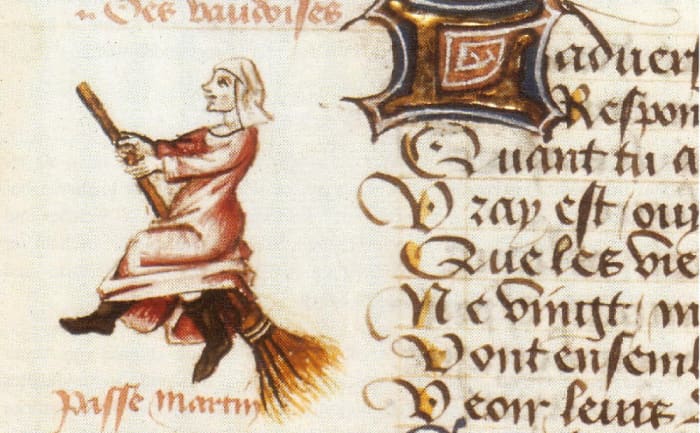 Martin Le Franc "Le Champion des Dames" (1451) -- first known image of a witch flying on a broom (partial image).