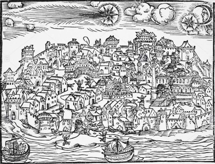 German woodcut depicting an earthquake that occurred 2 hours before dawn on 10 March 1556 AD (Julian calendar) in Istanbul Turkey that was heralded by a comet. The earthquake caused some deaths and is believed to have been about 6.75M (+-0.5M).