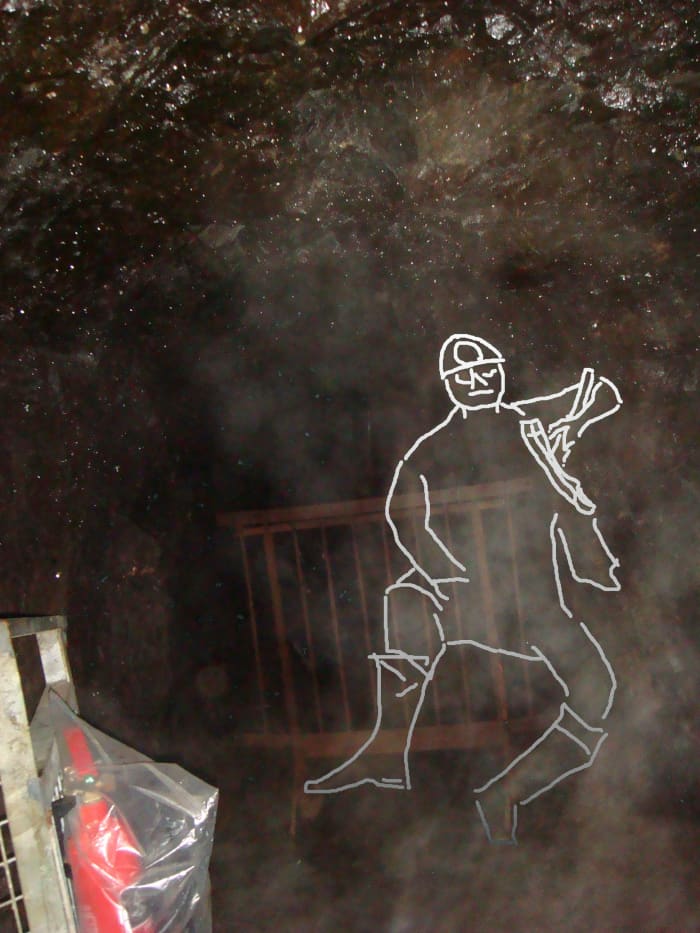 Rough outline of the "Miner's Ghost" drawn onto the image taken from within the Lochnell Mine.