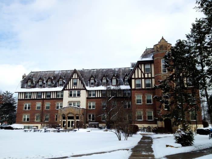 Lang Hall on Baldwin Wallace University. North Campus. 3 February 2013. Lang Hall is said to be haunted by the ghosts of Emma Lang and a student who hung herself in the closet of her dorm room.