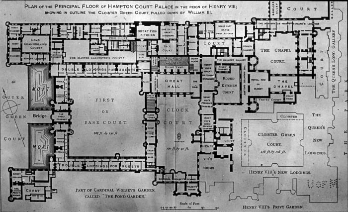 A map of Hampton Court Palace, which is rumoured to be regularly visited by a number of ghosts, including a man in a mask and a screaming Queen. Erratic magnetic fields have been measured around the building.