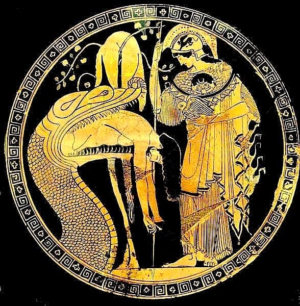 Classical Greek pottery decoration showing Athena with a python regurgitating Jason; the golden fleece hangs in a tree.