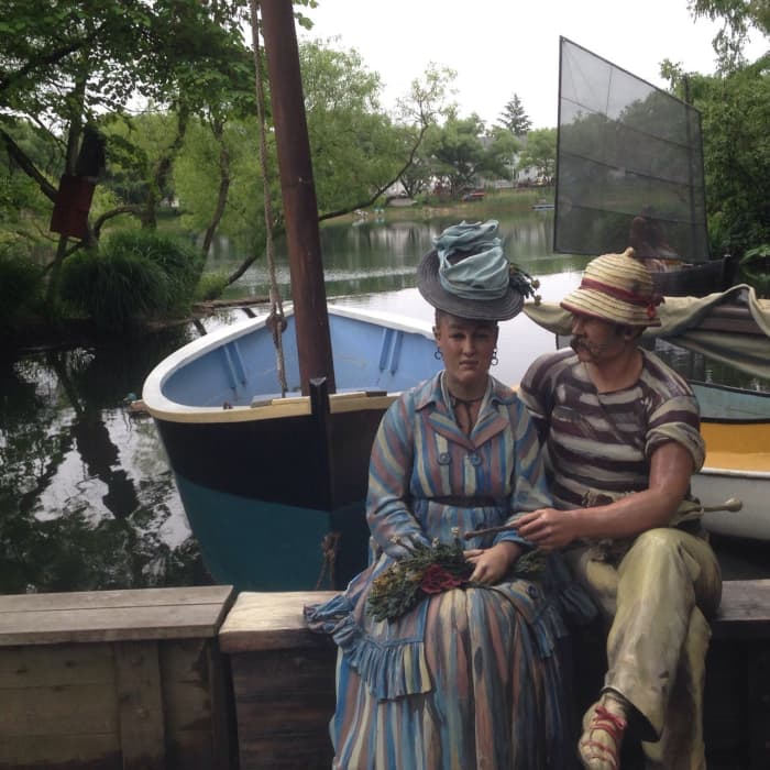 The Grounds for Sculpture's re-creation of Manet's "Argenteuil"-titled 'Sailing the Seine' by sculptor Seward Johnson.