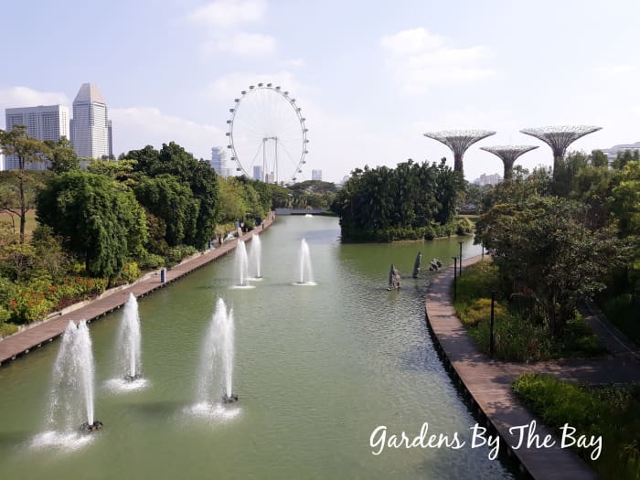 View of the serene Dragonfly Lake at Gardens By The Bay with the gigantic Singapore Flyer in the distance.