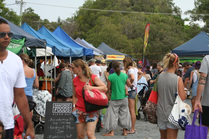 What Byron Bay's locals wear. A typical morning at the Byron Bay farmer's market where locals flock early each Thursday morning to buy fresh fruit and vegetables.