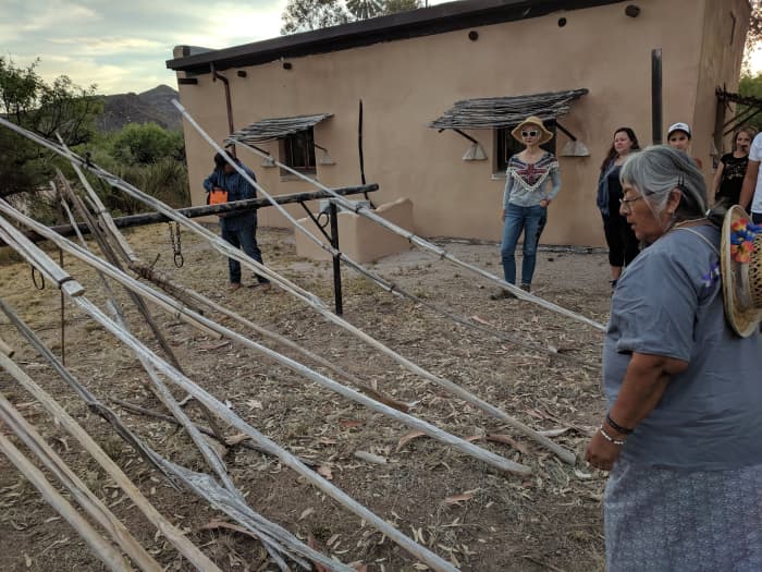 An O'Odham elder (in foreground) explained the traditional harvesting tool to us.
