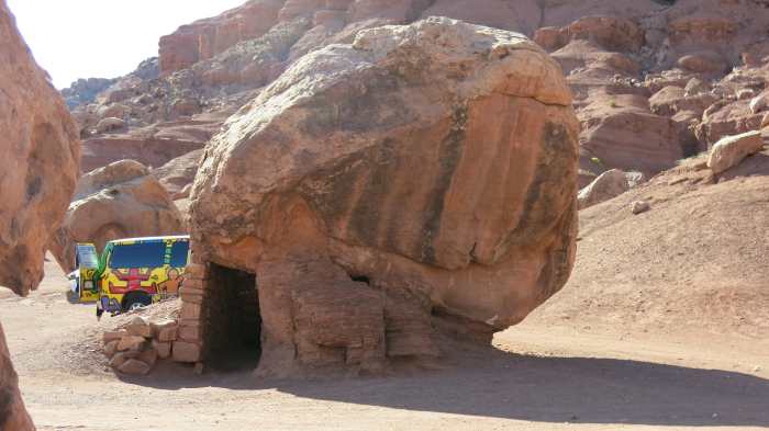 Another one of the initial motel rooms utilizing one of the many giant boulders on the site. Van behind is the vehicle used by the family selling indian jewelry.