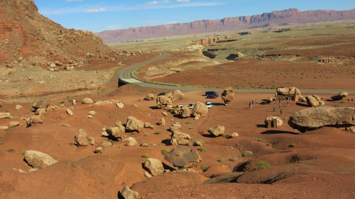 Looking northeast over the field of boulders, Route 89A and Soap Creek (where Blanche got water for the soup she sold), which runs along northern edge of Cliff Dwellers on its way to Colorado River.