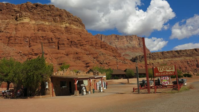 Gas station, which is still open, at Cliff Dweller Lodge where Bill Russell pumped gas for passing vehicles up until his death in 1936.