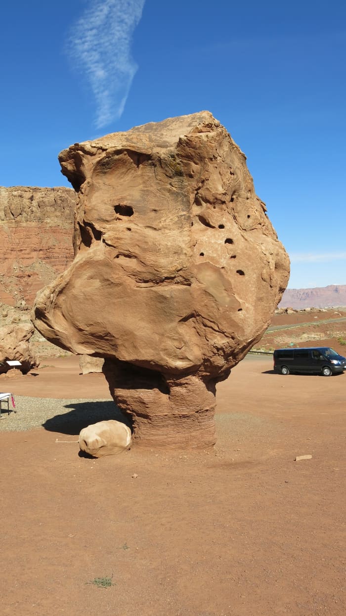 Many of the boulders on the site were not suitable for shelter but are still a spectacular site. Top piece is harder stone than the stem holding it up - stem is still harder than the sandstone but will erode faster than boulder on top.