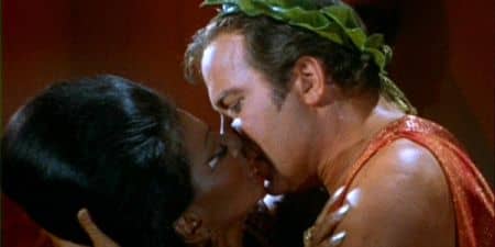 A kiss that changed the world. Nichelle Nichols as Uhura and William Shatner as Kirk lock lips in "Plato's Stepchildren"