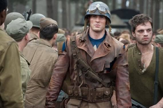Chris Evans as Steve Rogers and Sebastian Stan as Bucky Barnes in a promotional still from Captain America: The First Avenger