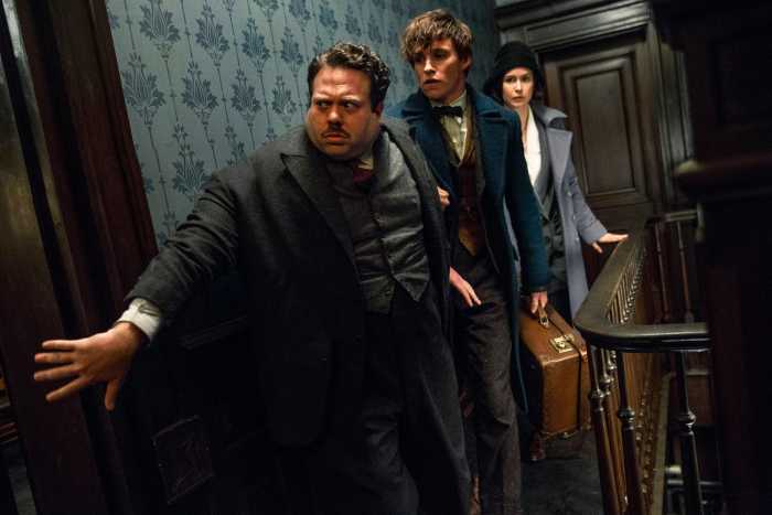 Dan Fogler, Eddie Redmayne, and Katherine Waterston in "Fantastic Beasts and Where to Find Them."