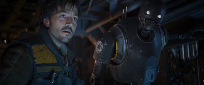 Cassian Andor (Diego Luna) and K-2SO (Alan Tudyk) in "Rogue One: A Star Wars Story."