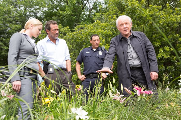 "Solace" is all about people standing around with their hands in their pockets. Abbie Cornish, Jeffrey Dean Morgan, Anthony Hopkins, and some random guy as a cop illustrate.