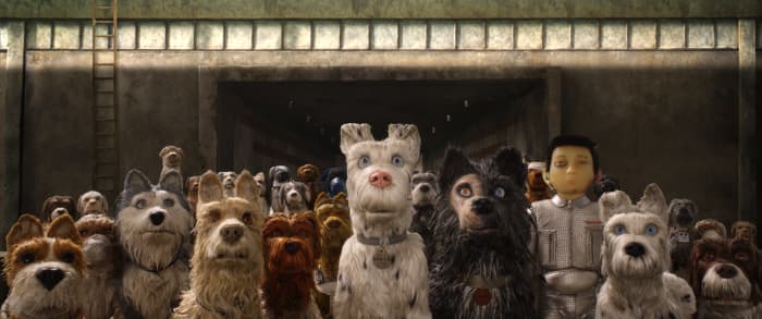 From left to right: Bill Murray as Boss, Jeff Goldblum as Duke, Edward Norton as Rex, Bob Balaban as King, Liev Schreiber as Spots, Harvey Keitel as Gondo, Koyu Rankin as Atari Kobayashi, and Bryan Cranston as Chief.