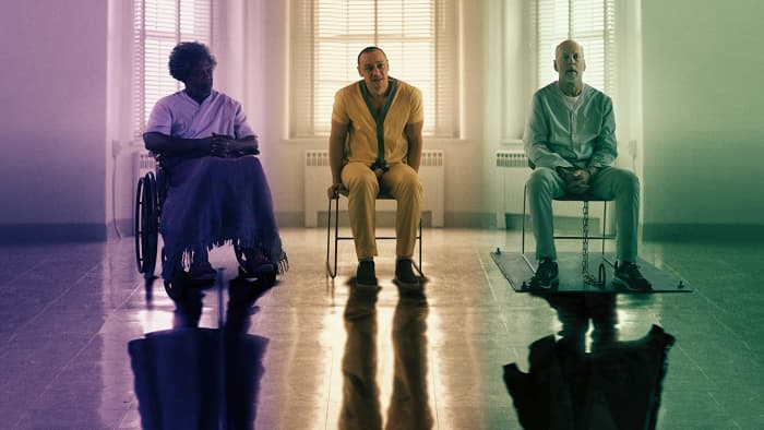 (From Left to Right): Samuel L. Jackson as Elijah Price/Mr. Glass. James McAvoy as Kevin Wendell Crumb/The Hoard. Bruce Willis as David Dunn/The Overseer.
