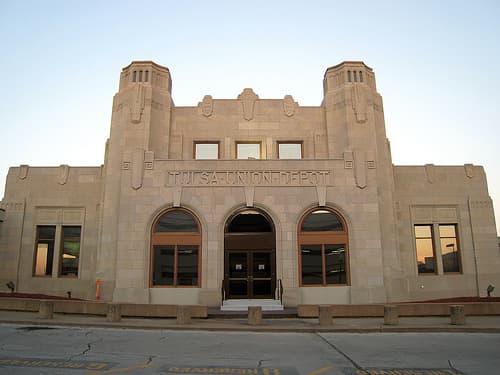 Tulsa Union Depot, now the Oklahoma Jazz Hall of Fame. Elements of the Zigzag Art Deco architectural style are noticeable, but these elements are not as highly pronounced. This is an excellent example of the Classic Moderne Art Deco style.