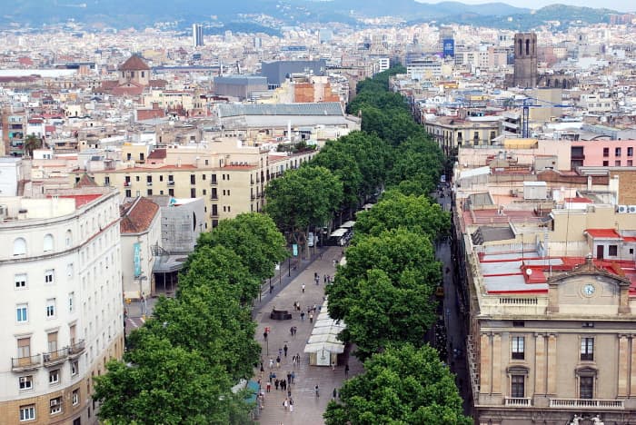 Tree-lined promenade of Las Ramblas in Barcelona
