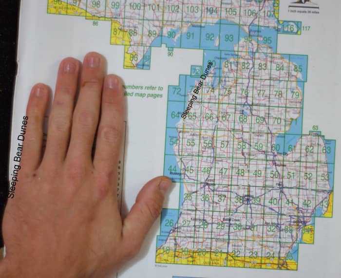 Michigan looks like a hand, including thumb and little finger. Sleeping Bear Dunes is on the western shoreline of the Little Finger.