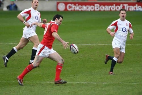 Wales' Stephen Jones, one of the regular Welsh International rugby Jones, kicking to clear against England in 2006.