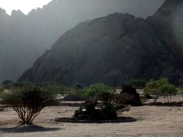 Mountainous terrain and few trees make the horizon difficult to judge if the road is going up or downhill at Jabar Baido or Wadi al Jinn, the Magnet Mountain of Madinah