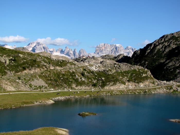 Hiking on the east side of the Rendena Valley in the Adamello Presanella Mountain group. The view is towards the Brenta Group on the other side of the valley.
