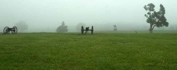 The Stonewall Jackson statue is right behind the Visitor's Center. You can see it in the background. I enjoy taking photographs of the cannons in the foreground and an interesting item like the statue in the background. Fog really helps!
