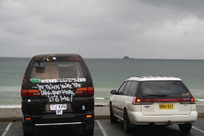 Wicked campers make a statement wherever they are. This one's by the ocean at Byron Bay on the east coast of Australia.