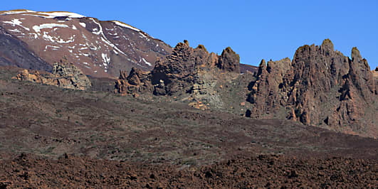 The caldera looking north - On the left is Montana Blanca, the White Mountain, which lies northeast of Teide. On the right are the jagged boulders of Los Roques de Garcia