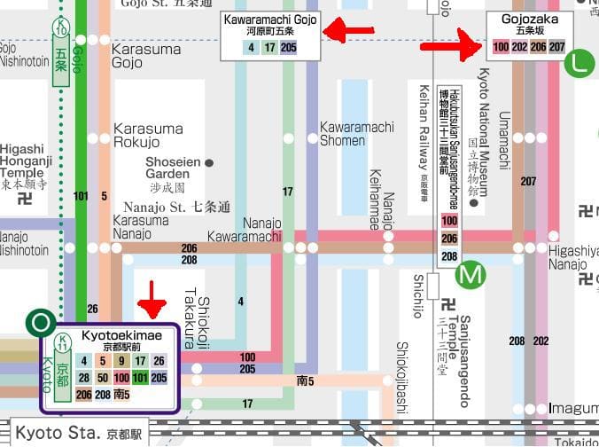 Stations in boxes on the map are main stations. The numbers inside the boxes are the Bus numbers that load/unload passengers in said stations. Also, pay attention to the color of the numbers. These colors trace the path of the bus' route.