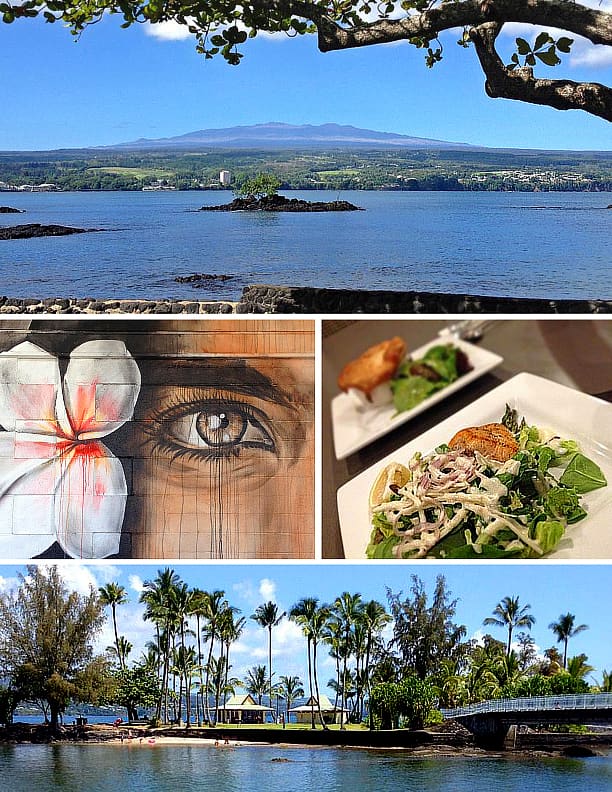 Top: View of Mauna Kea volcano over Hilo Bay. Center: a mural in downtown Hilo (left); grilled ahi salad and Hamakua mushroom curry pot pie at Hilo Bay Cafe (right). Bottom: Coconut Island.