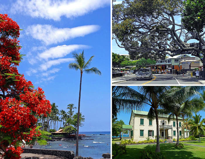 Clockwise from left: Kahaluu Beach Park in Kailua-Kona; bay front shopping district; Hulihee Palace.