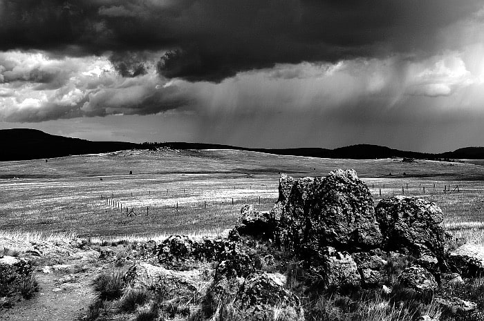 Still at the "point of interest," rain clouds approached. The high elevation means that Medicine Mountain often gets its own weather.