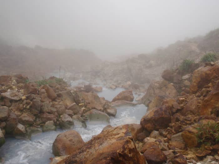 Steam is everywhere as you approach the boiling lake in Dominica. This river lies along the trail.