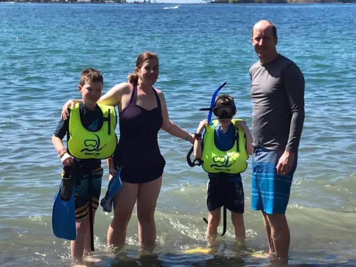 Getting ready to snorkel in the bubbling water near Soufriere. Our family loved the active volcanic sea floor and warm bubbles!