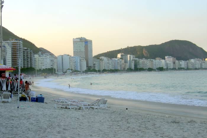 Copacabana Beach, even in late afternoon, is one of the most attractive in South America, developed with hotels, restaurants, and attractive paving stones.
