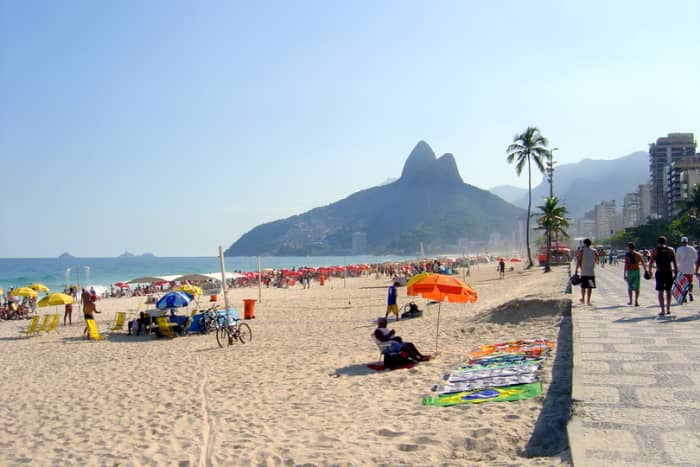 Ipanema Beach is possibly the most famous in Rio and has the wonderful Two Brothers, the peaks, in the background.
