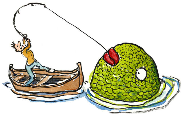 Dreaming of catching a larger fish than anticipated may mean the dreamer feels he/she may not be able to handle what he/she is dredging up from the unconscious, that the idea or information is too large for them to handle.