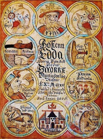 Title page of a manuscript of the Prose Edda, showing Odin, Heimdallr, Sleipnir and other figures from Norse mythology.