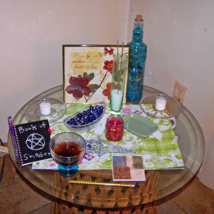 A perfectly serviceable altar for a budget of $20. This would be a fine starter altar for anyone-- and you can build on it, improve it, add to it, etc. for years to come.