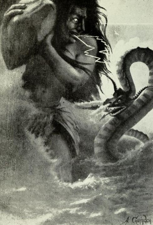 Oniare, the horned water serpent, battles the thunder god Hinon in Iroquois myth. From En Mocassins by Arthur Guindon, 1920.
